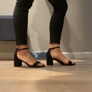 Black suede 2” block heel ankle strap heels